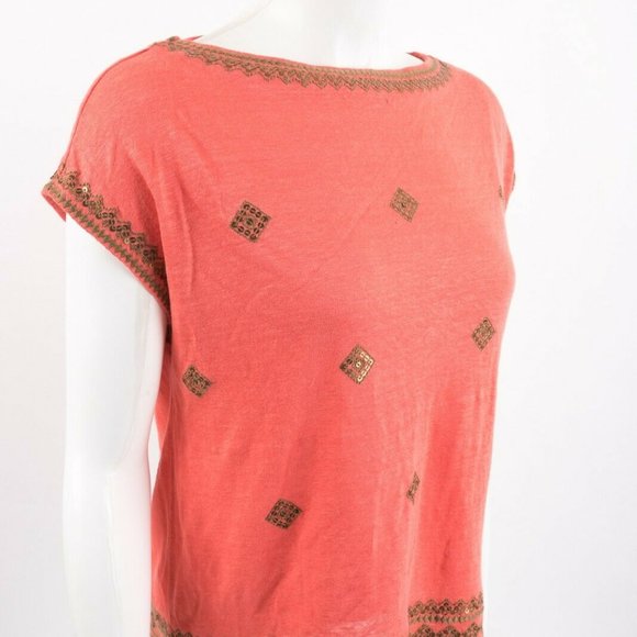 J. Jill Linen Top Shirt XS P Coral Orange Sequin - Picture 5 of 6
